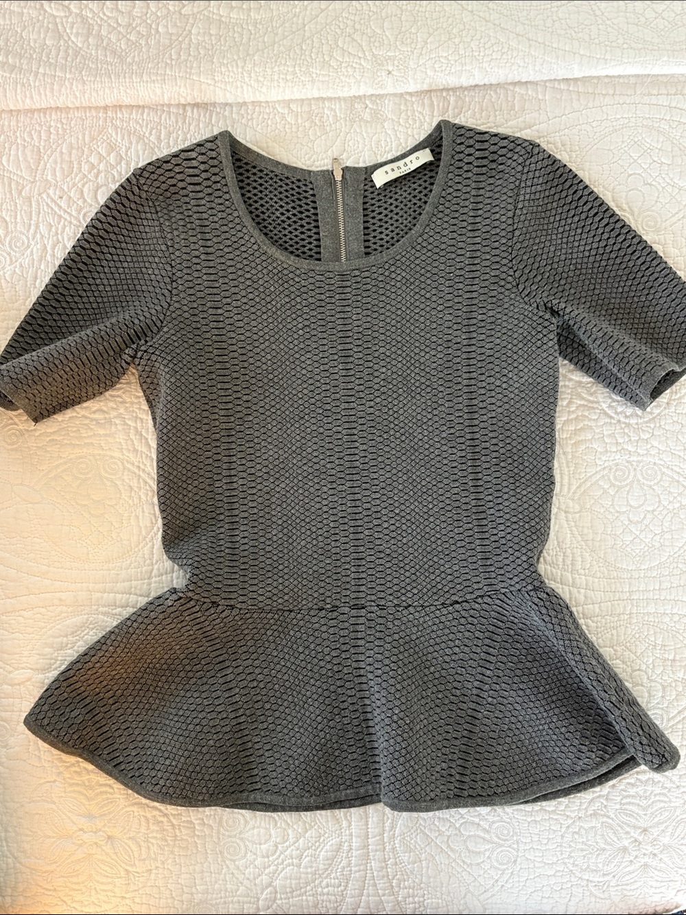 Sandro Charcoal Textured Peplum Knit Top